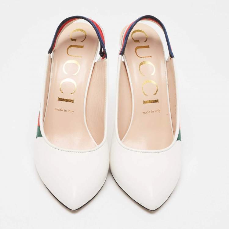 Pre Owned Gucci White Leather Web Detail Sylvie Slingback Pumps Size 40