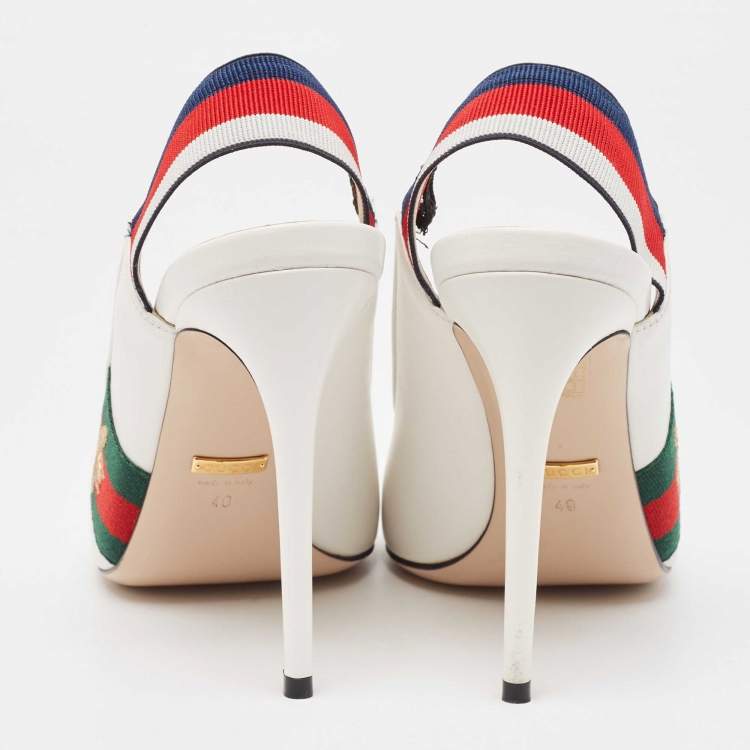 Pre Owned Gucci White Leather Web Detail Sylvie Slingback Pumps Size 40