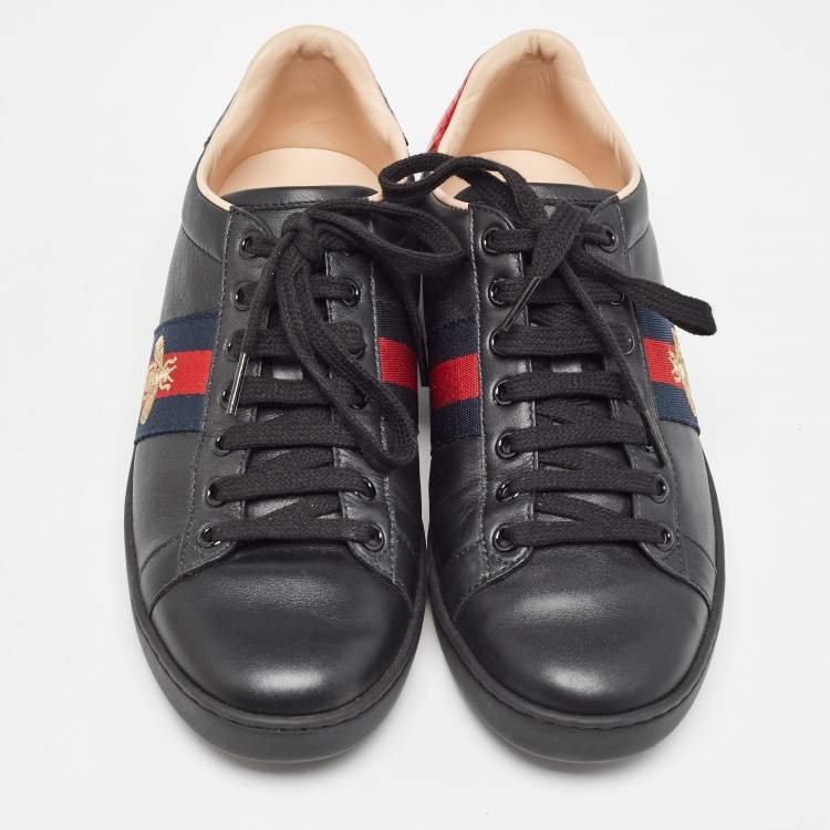 Pre Owned Gucci Black Leather Embroidered Bee Ace Sneakers Size 38