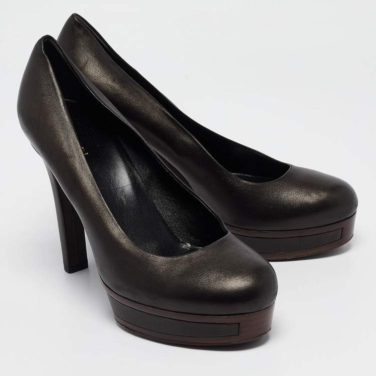 Pre Owned Gucci Black Leather Platform Round Toe Pumps Size 39.5