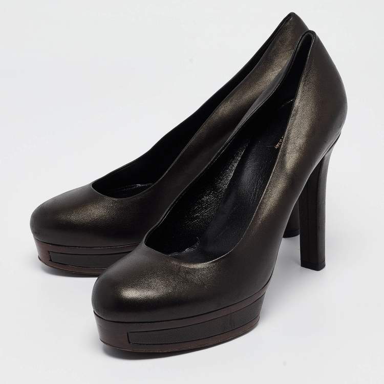 Pre Owned Gucci Black Leather Platform Round Toe Pumps Size 39.5