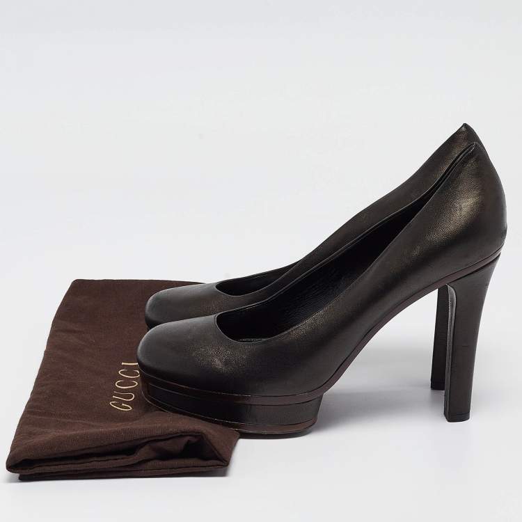 Pre Owned Gucci Black Leather Platform Round Toe Pumps Size 39.5
