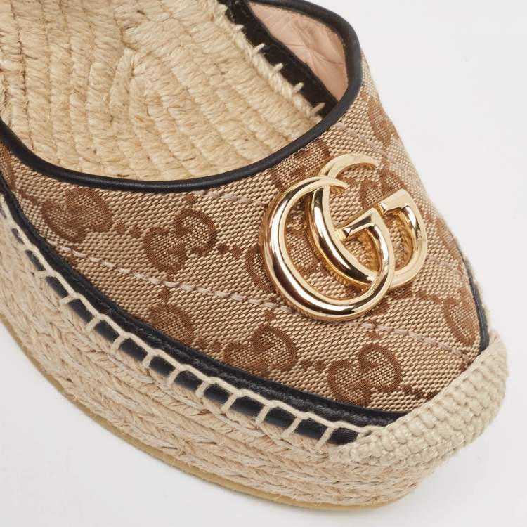 Pre Owned Gucci Beige/Black Canvas GG Marmont Wedge Sandals Size 36