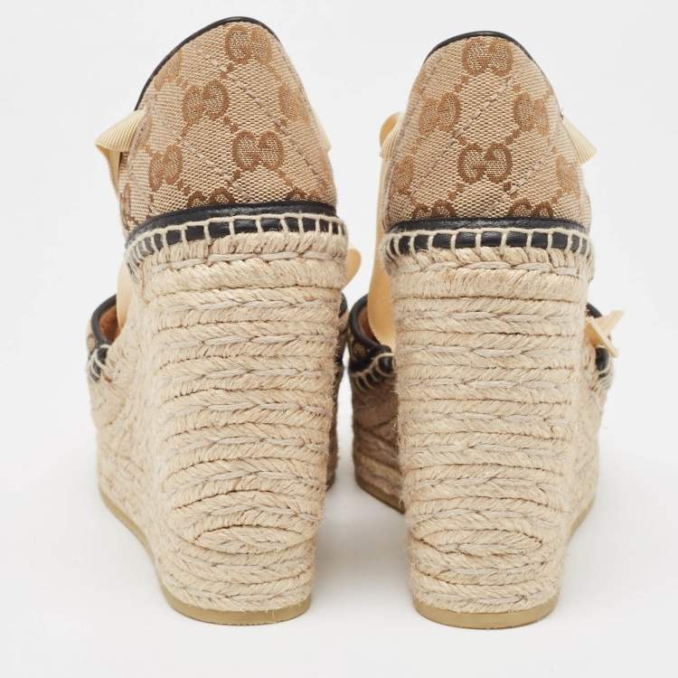 Pre Owned Gucci Beige/Black Canvas GG Marmont Wedge Sandals Size 36