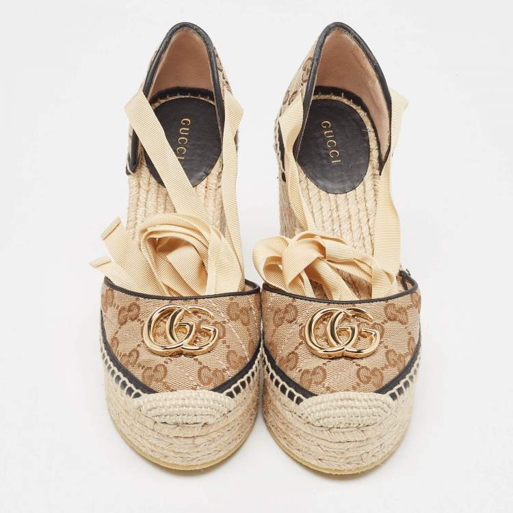 Pre Owned Gucci Beige/Black Canvas GG Marmont Wedge Sandals Size 36