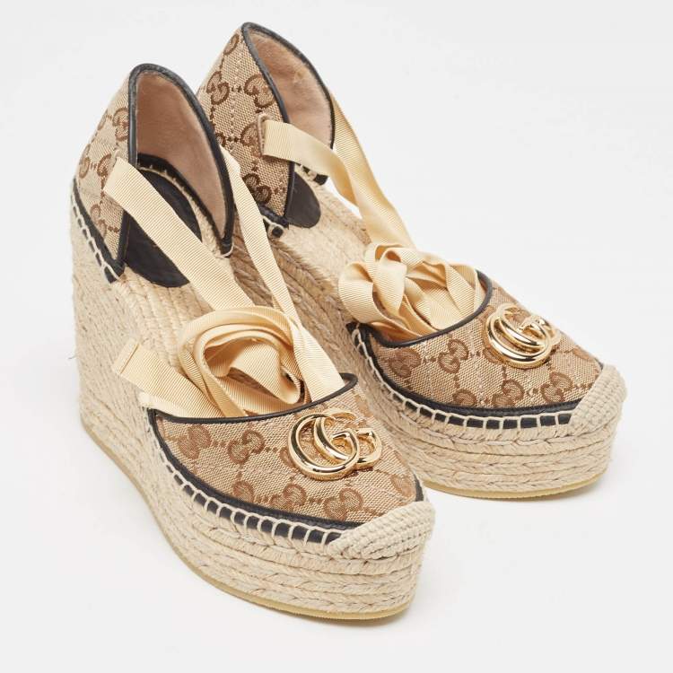 Pre Owned Gucci Beige/Black Canvas GG Marmont Wedge Sandals Size 36