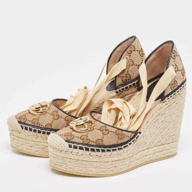 Pre Owned Gucci Beige/Black Canvas GG Marmont Wedge Sandals Size 36