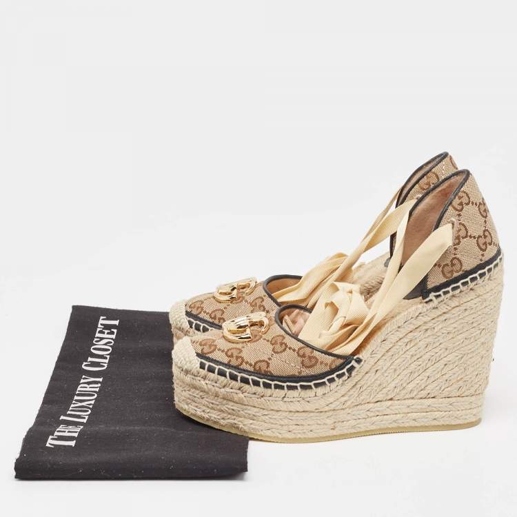 Pre Owned Gucci Beige/Black Canvas GG Marmont Wedge Sandals Size 36