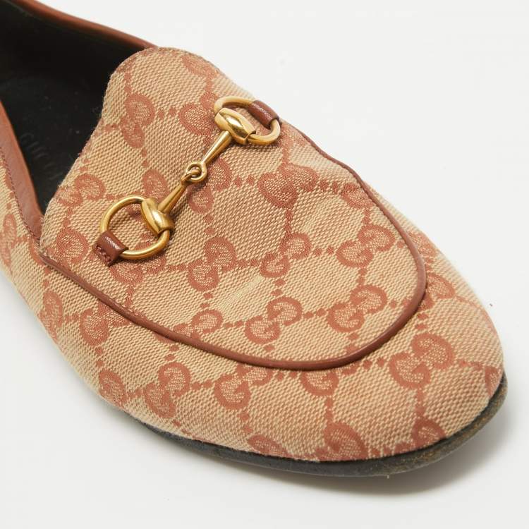 Pre Owned Gucci Beige/Brown GG Canvas Jordaan Loafers Size 36.5