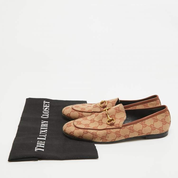 Pre Owned Gucci Beige/Brown GG Canvas Jordaan Loafers Size 36.5