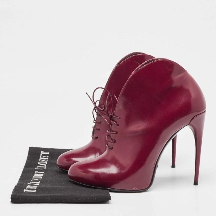 Pre Owned Gucci Plum Leather Kim Lace Up Ankle Booties Size 39.5