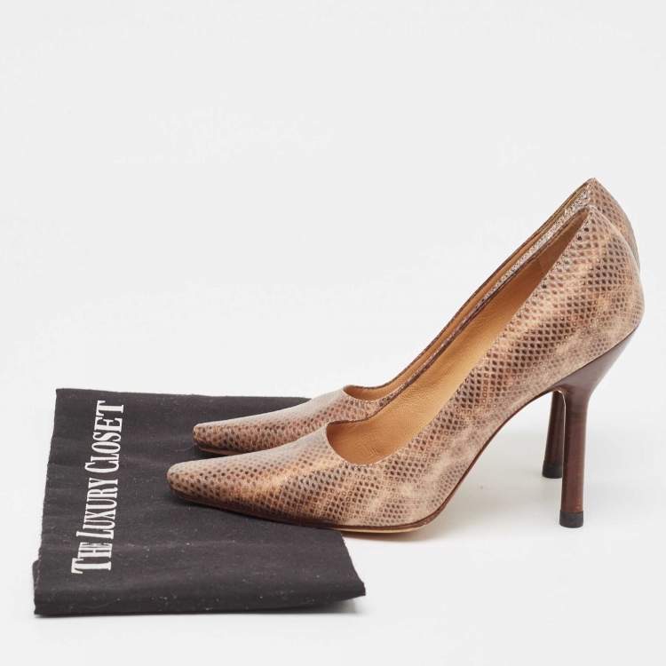 Pre Owned Gucci Brown Karung Leather Square Toe Pumps Size 38