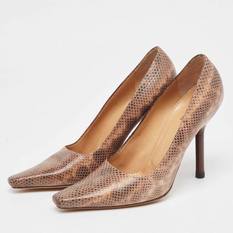 Pre Owned Gucci Brown Karung Leather Square Toe Pumps Size 38