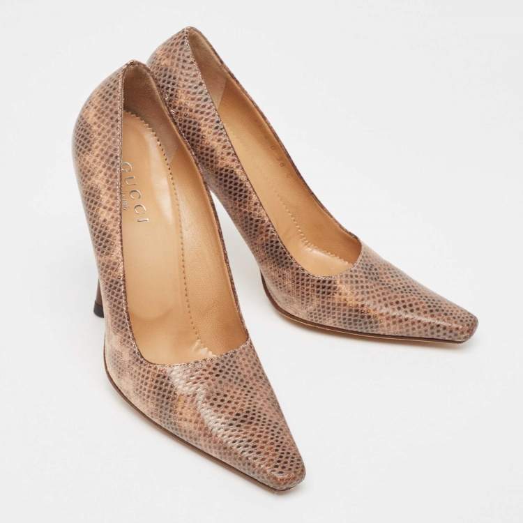 Pre Owned Gucci Brown Karung Leather Square Toe Pumps Size 38