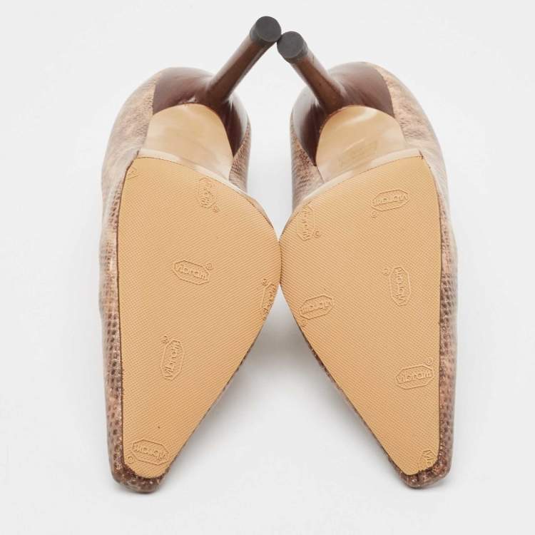 Pre Owned Gucci Brown Karung Leather Square Toe Pumps Size 38