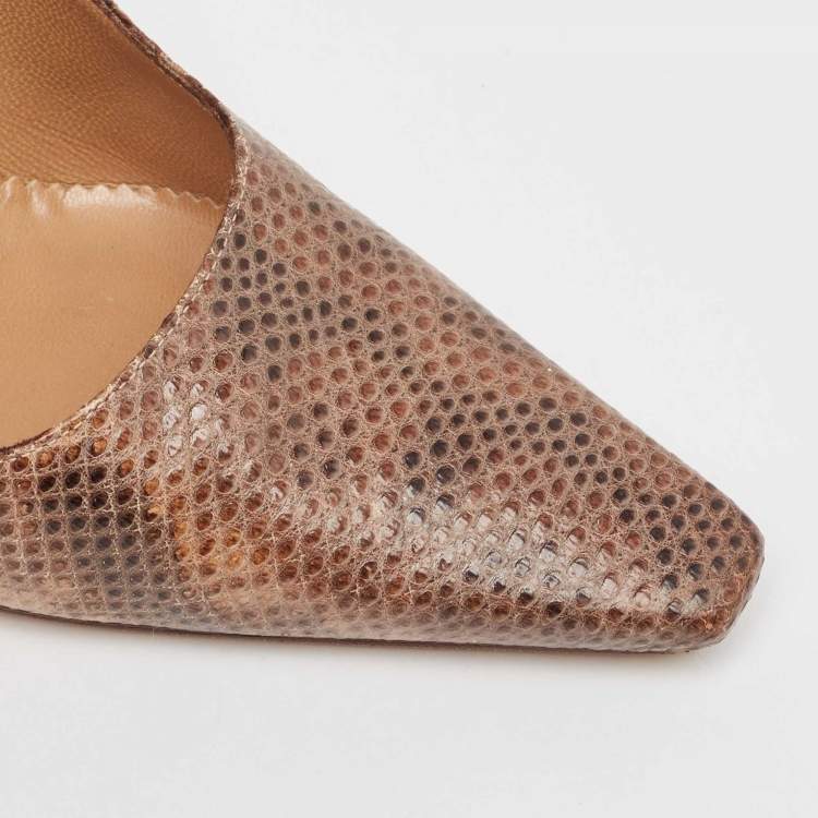 Pre Owned Gucci Brown Karung Leather Square Toe Pumps Size 38