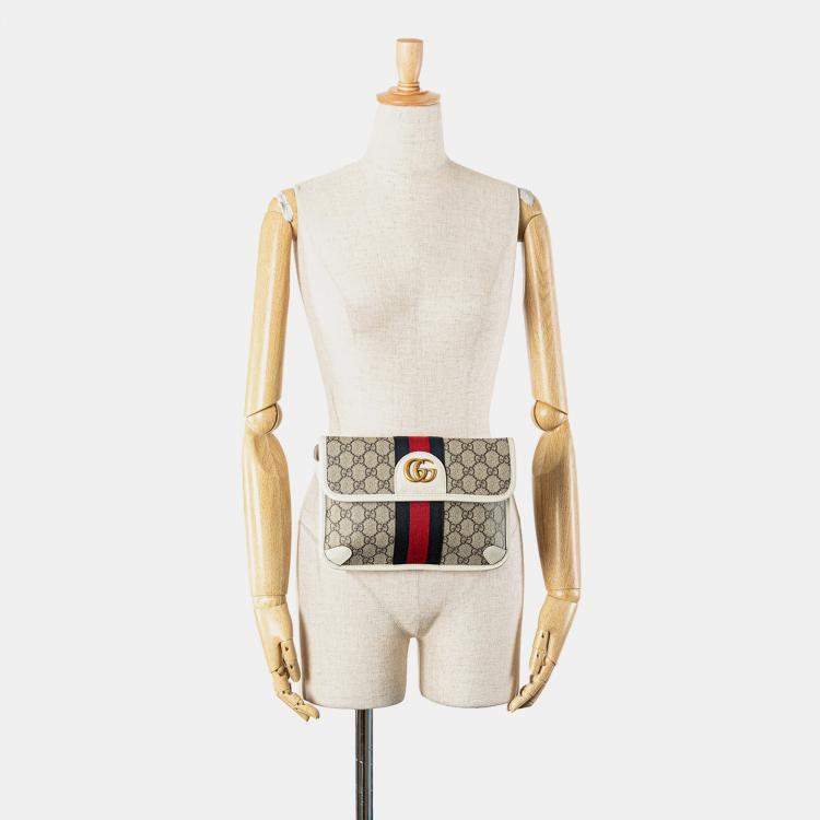 Pre Owned Gucci Beige/White Leather Canvas GG Supreme Ophidia Belt Bag