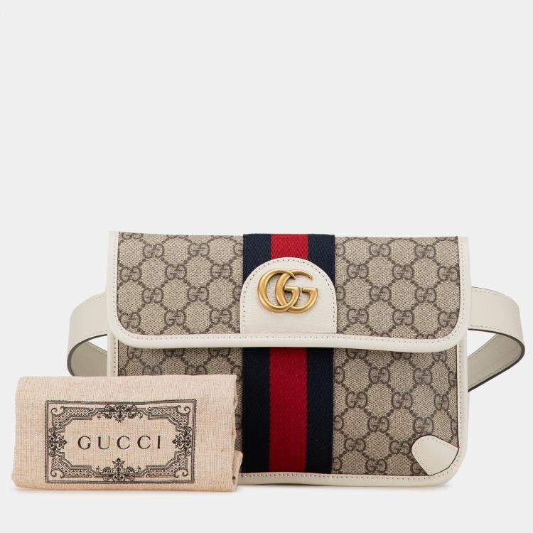 Pre Owned Gucci Beige/White Leather Canvas GG Supreme Ophidia Belt Bag