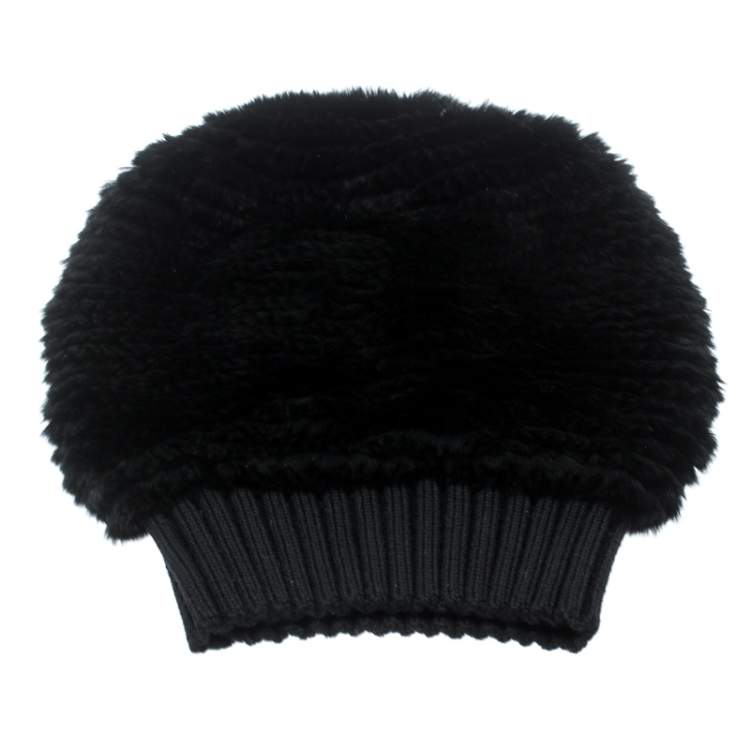 Pre Owned Gucci  Black Wool Ribbed Trim Orylag Fur Beanie