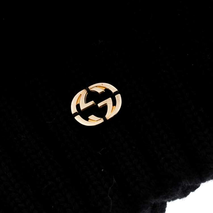 Pre Owned Gucci  Black Wool Ribbed Trim Orylag Fur Beanie