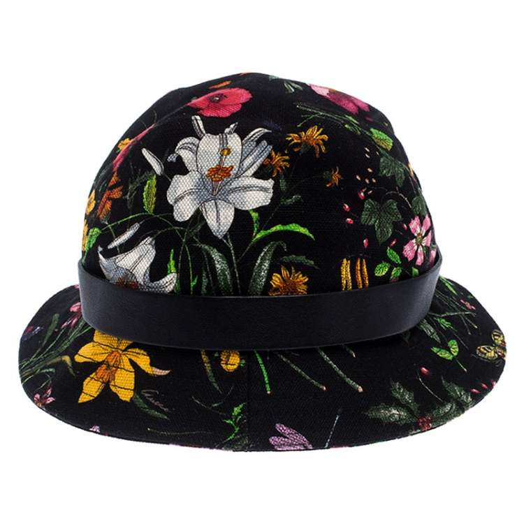 Pre Owned Gucci Black Floral Print Bucket Hat S