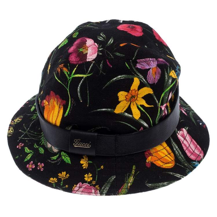 Pre Owned Gucci Black Floral Print Bucket Hat S