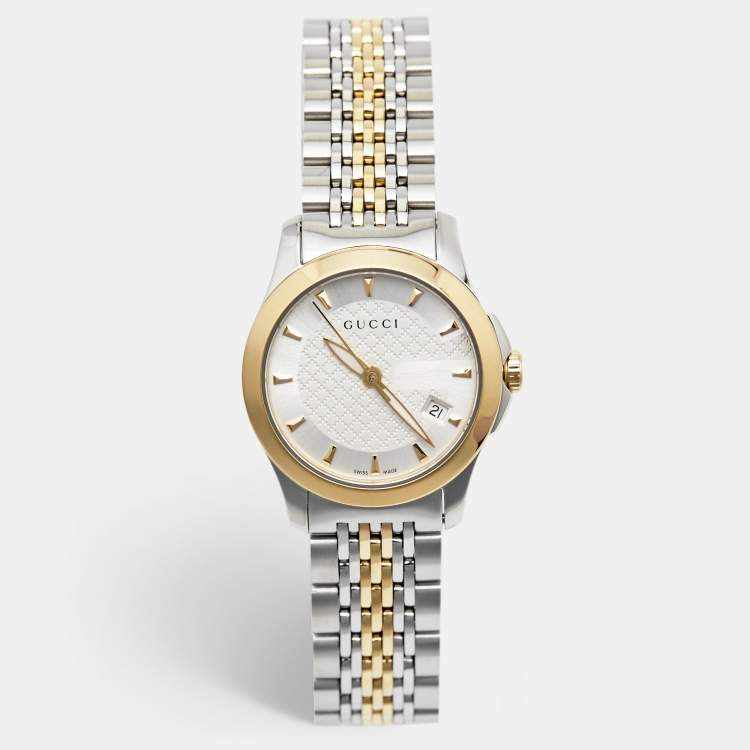 Pre Owned Gucci Silver Two-Tone Stainless Steel G Timeless 126.5 Women's Wristwatch 27 mm