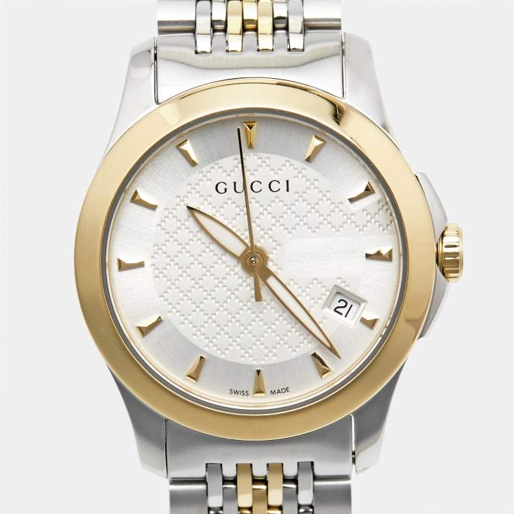 Pre Owned Gucci Silver Two-Tone Stainless Steel G Timeless 126.5 Women's Wristwatch 27 mm