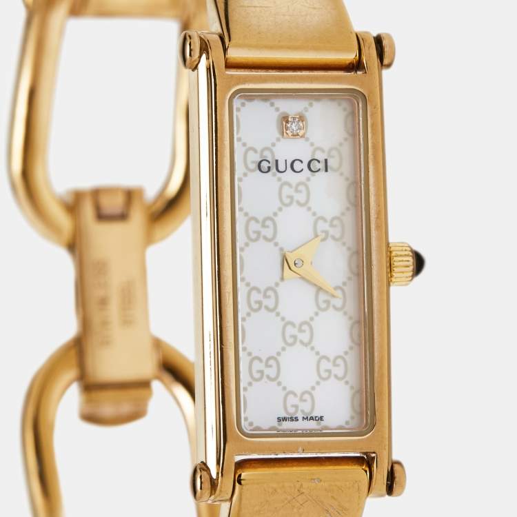 Pre Owned Gucci Mother Of Pearl Rose Gold Plated Stainless Steel 1500 L Women's Wristwatch 12.5MM