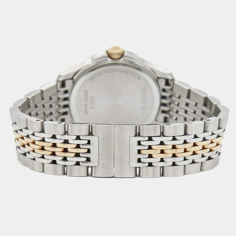 Pre Owned Gucci Mother of Pearl Two-Tone Stainless Steel Diamonds G-Timeless YA126514 Women's Wristwatch 27 mm