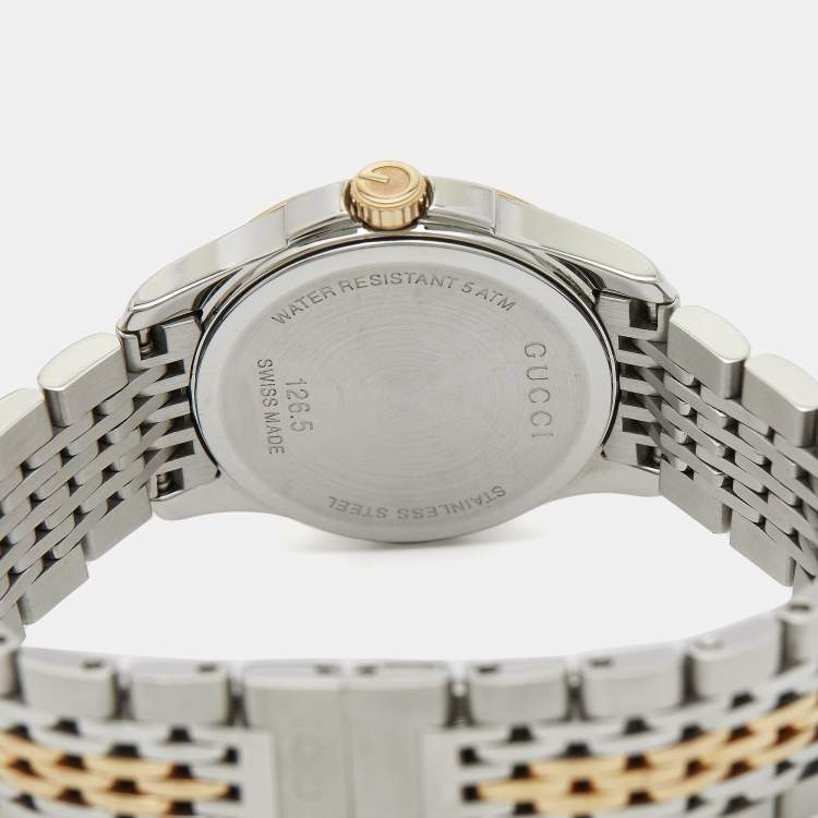 Pre Owned Gucci Mother of Pearl Two-Tone Stainless Steel Diamonds G-Timeless YA126514 Women's Wristwatch 27 mm