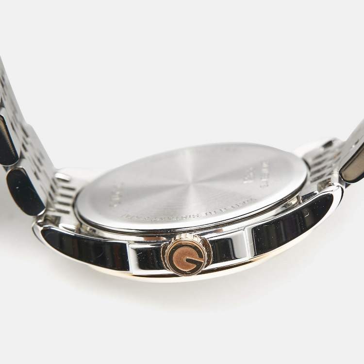 Pre Owned Gucci Mother of Pearl Two-Tone Stainless Steel Diamonds G-Timeless YA126514 Women's Wristwatch 27 mm