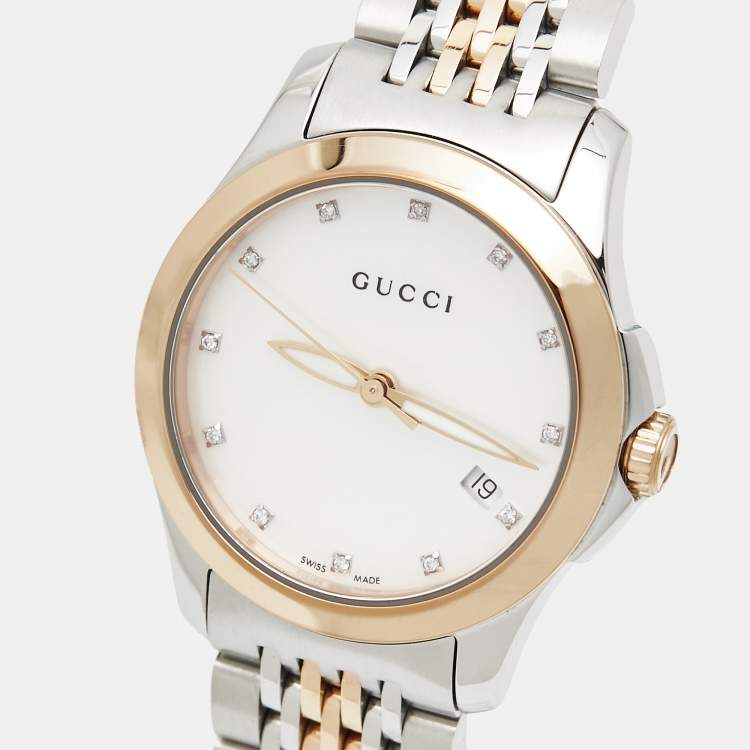 Pre Owned Gucci Mother of Pearl Two-Tone Stainless Steel Diamonds G-Timeless YA126514 Women's Wristwatch 27 mm