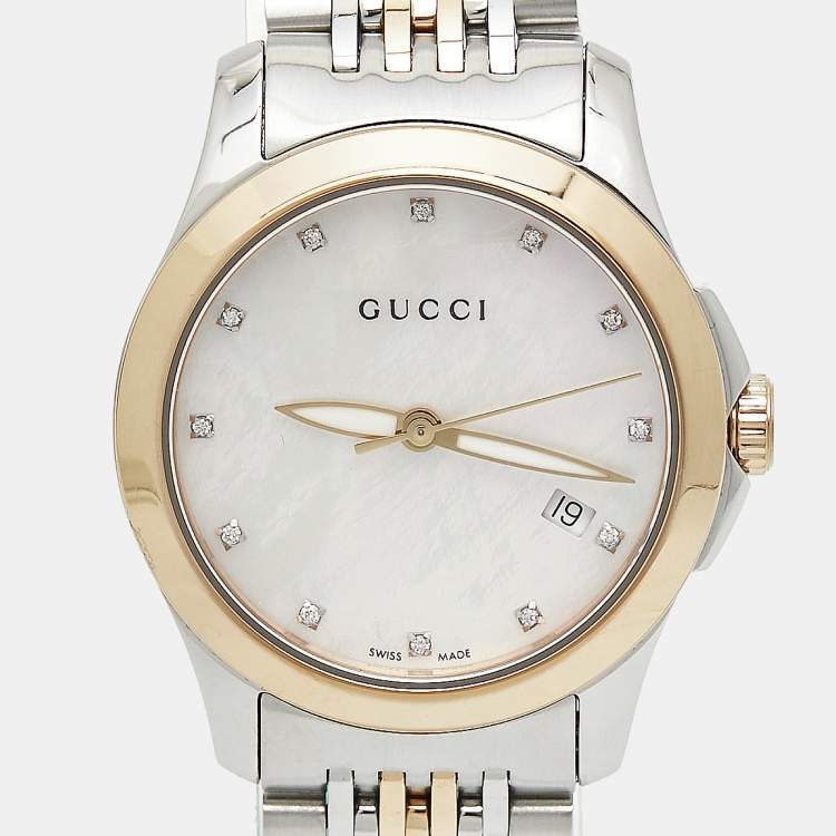Pre Owned Gucci Mother of Pearl Two-Tone Stainless Steel Diamonds G-Timeless YA126514 Women's Wristwatch 27 mm