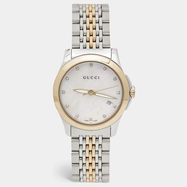 Pre Owned Gucci Mother of Pearl Two-Tone Stainless Steel Diamonds G-Timeless YA126514 Women's Wristwatch 27 mm