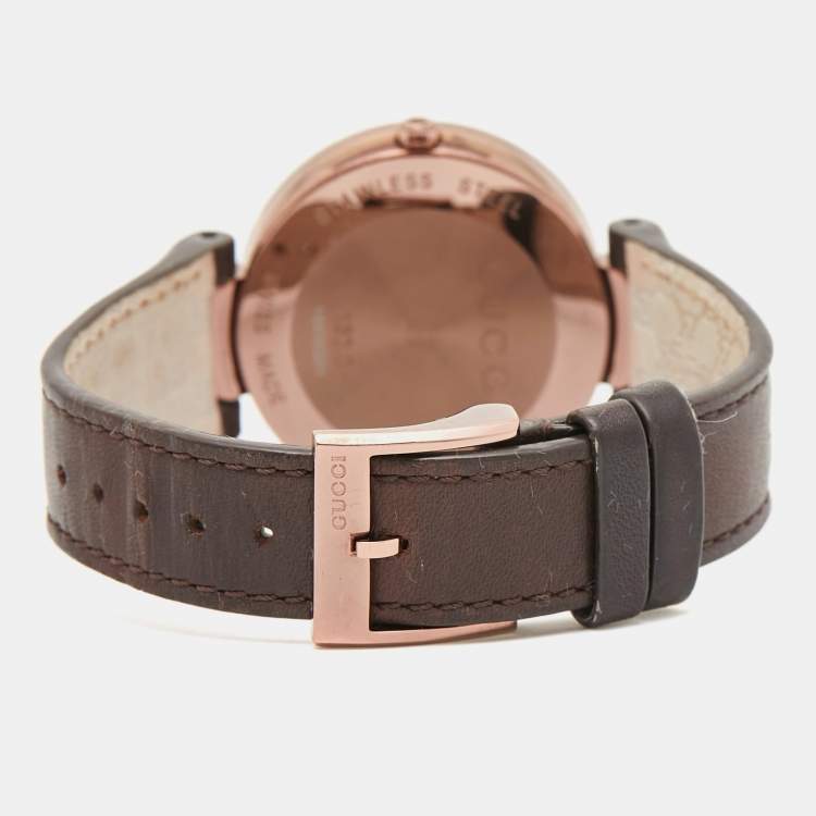 Pre Owned Gucci Slate Brown PVD Stainless Steel Leather Interlocking G YA133309 Women's Wristwatch 37 mm