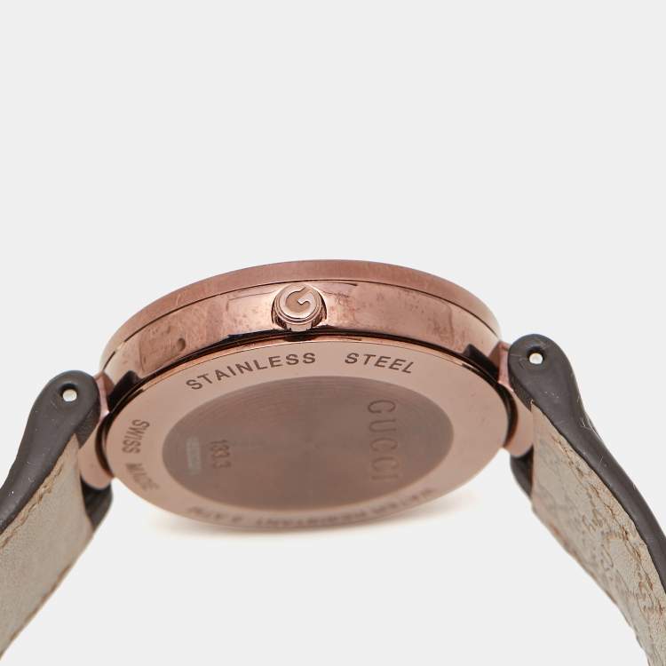 Pre Owned Gucci Slate Brown PVD Stainless Steel Leather Interlocking G YA133309 Women's Wristwatch 37 mm