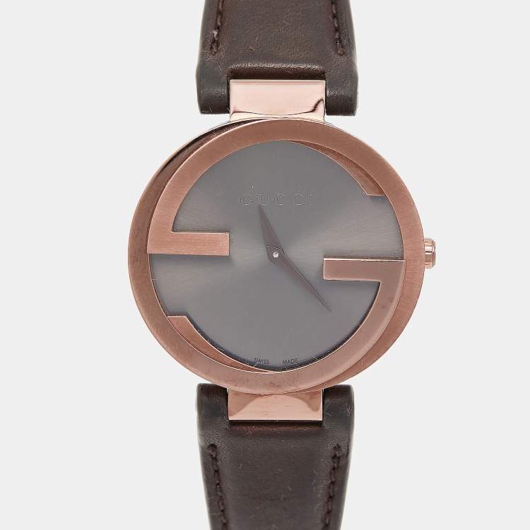 Pre Owned Gucci Slate Brown PVD Stainless Steel Leather Interlocking G YA133309 Women's Wristwatch 37 mm