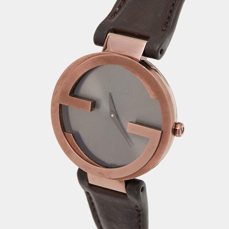 Pre Owned Gucci Slate Brown PVD Stainless Steel Leather Interlocking G YA133309 Women's Wristwatch 37 mm