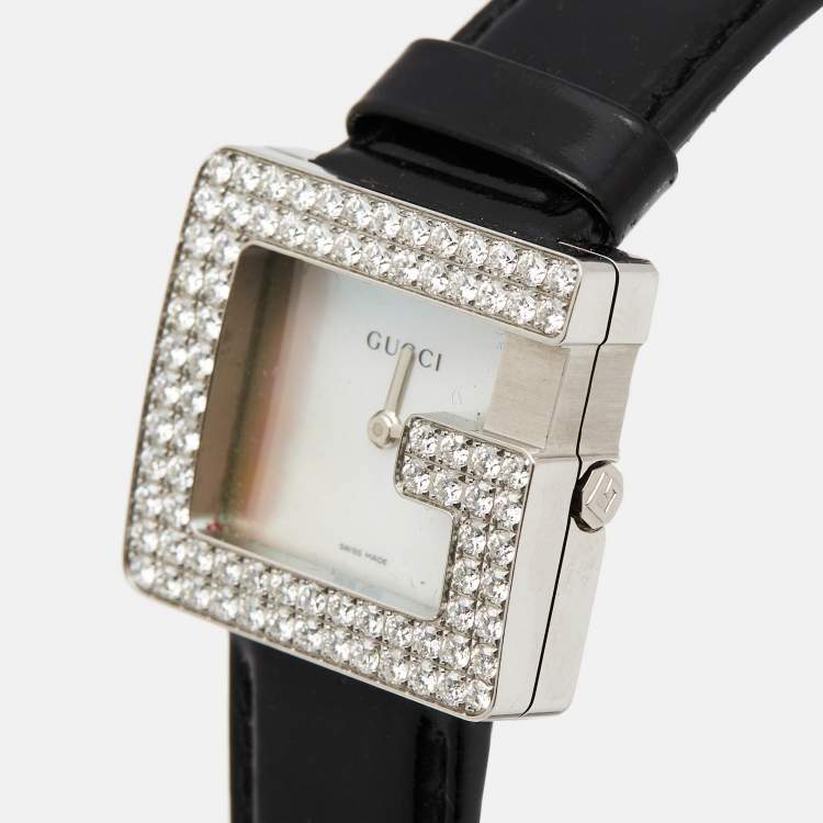 Pre Owned Gucci Mother Pearl Diamond Stainless Steel Leather 3600J Women's Wristwatch 26 mm