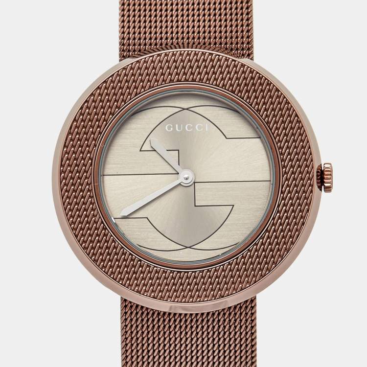 Pre Owned Gucci Silver Grey Dial Bronze Tone Stainless Steel U-Play YA129445 Women's Wristwatch 35 mm