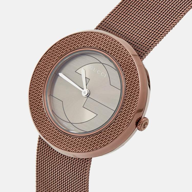 Pre Owned Gucci Silver Grey Dial Bronze Tone Stainless Steel U-Play YA129445 Women's Wristwatch 35 mm
