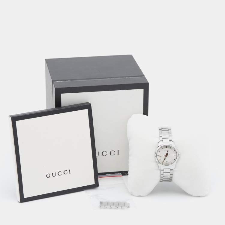 Pre Owned Gucci Silver White Stainless Steel G-Timeless 126.5 Women's Wristwatch 27 mm