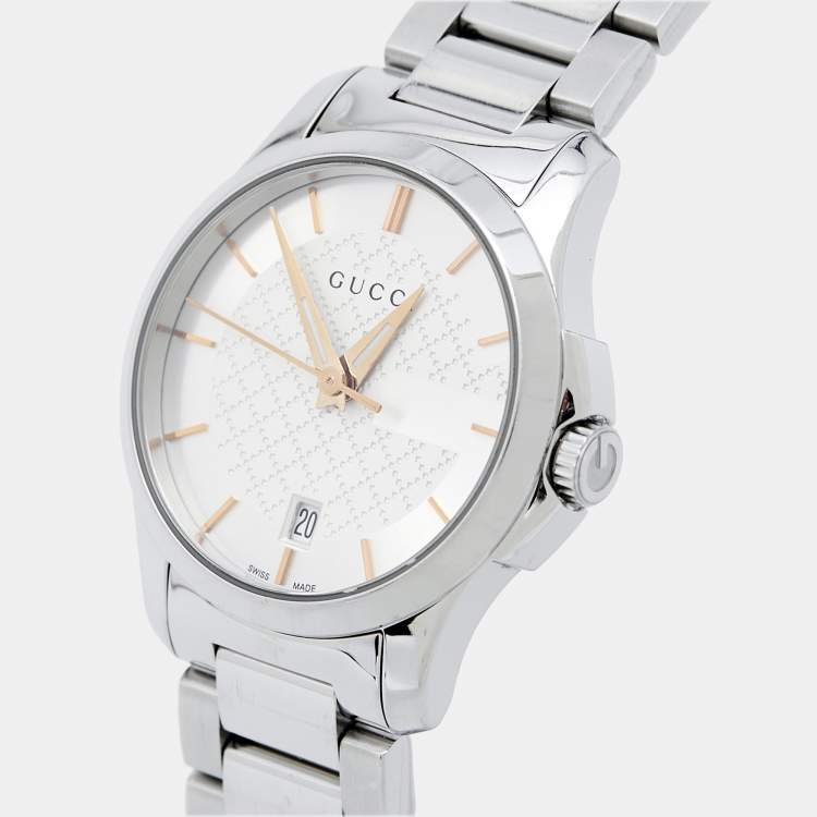 Pre Owned Gucci Silver White Stainless Steel G-Timeless 126.5 Women's Wristwatch 27 mm