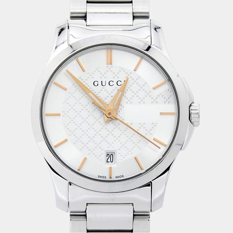 Pre Owned Gucci Silver White Stainless Steel G-Timeless 126.5 Women's Wristwatch 27 mm