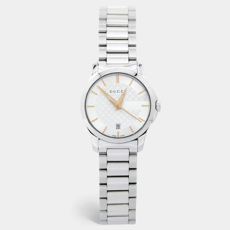 Pre Owned Gucci Silver White Stainless Steel G-Timeless 126.5 Women's Wristwatch 27 mm
