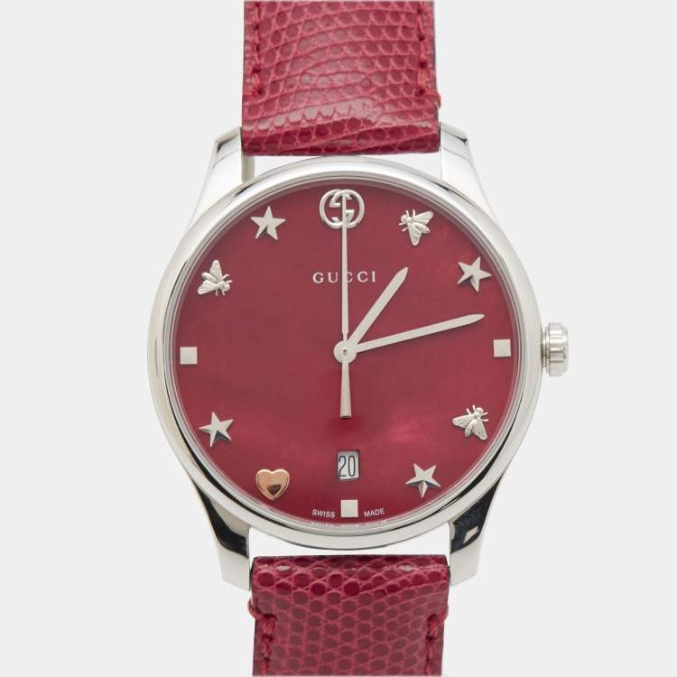 Pre Owned Gucci Red Mother Of Pearl Stainless Steel Lizard Skin Leather G-Timeless 126.4 Women's Wristwatch 36 mm