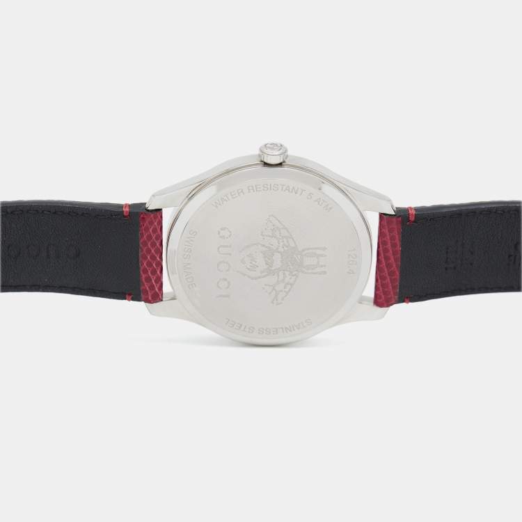 Pre Owned Gucci Red Mother Of Pearl Stainless Steel Lizard Skin Leather G-Timeless 126.4 Women's Wristwatch 36 mm