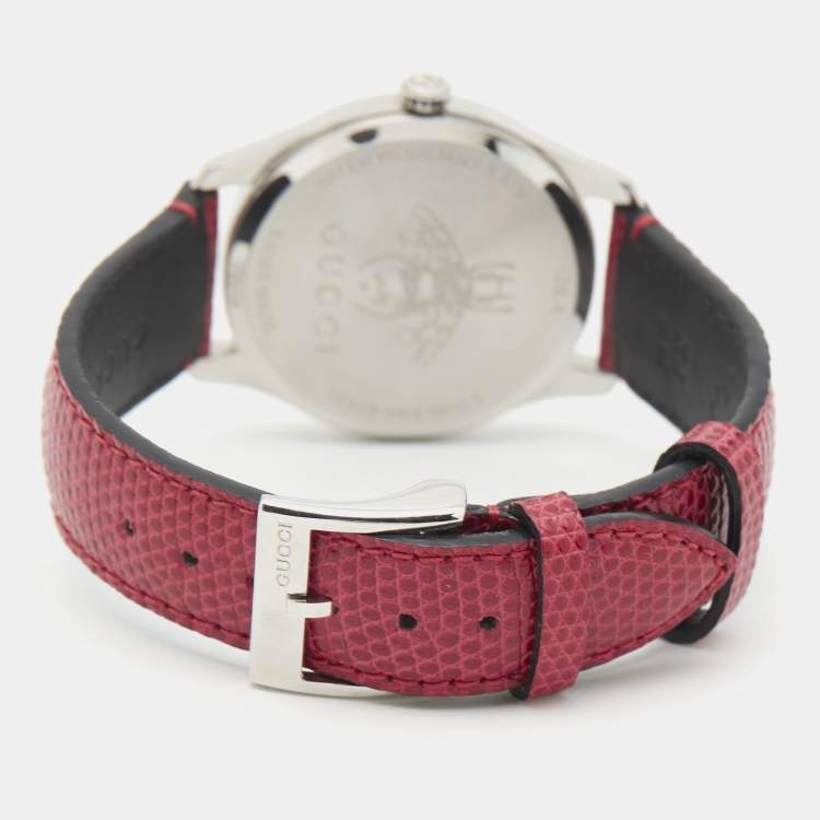 Pre Owned Gucci Red Mother Of Pearl Stainless Steel Lizard Skin Leather G-Timeless 126.4 Women's Wristwatch 36 mm