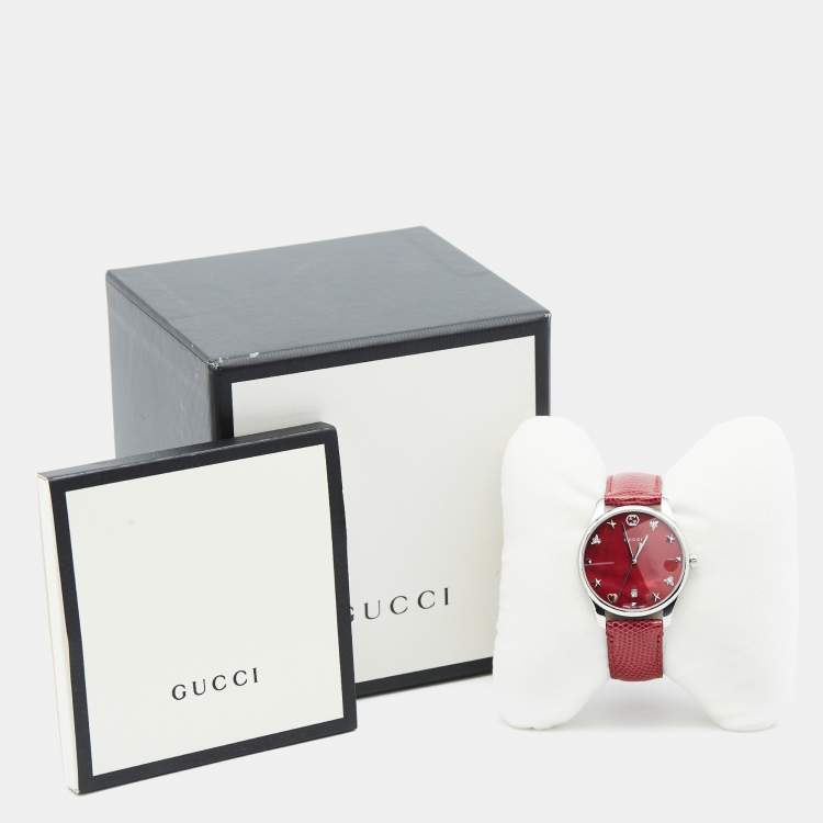 Pre Owned Gucci Red Mother Of Pearl Stainless Steel Lizard Skin Leather G-Timeless 126.4 Women's Wristwatch 36 mm